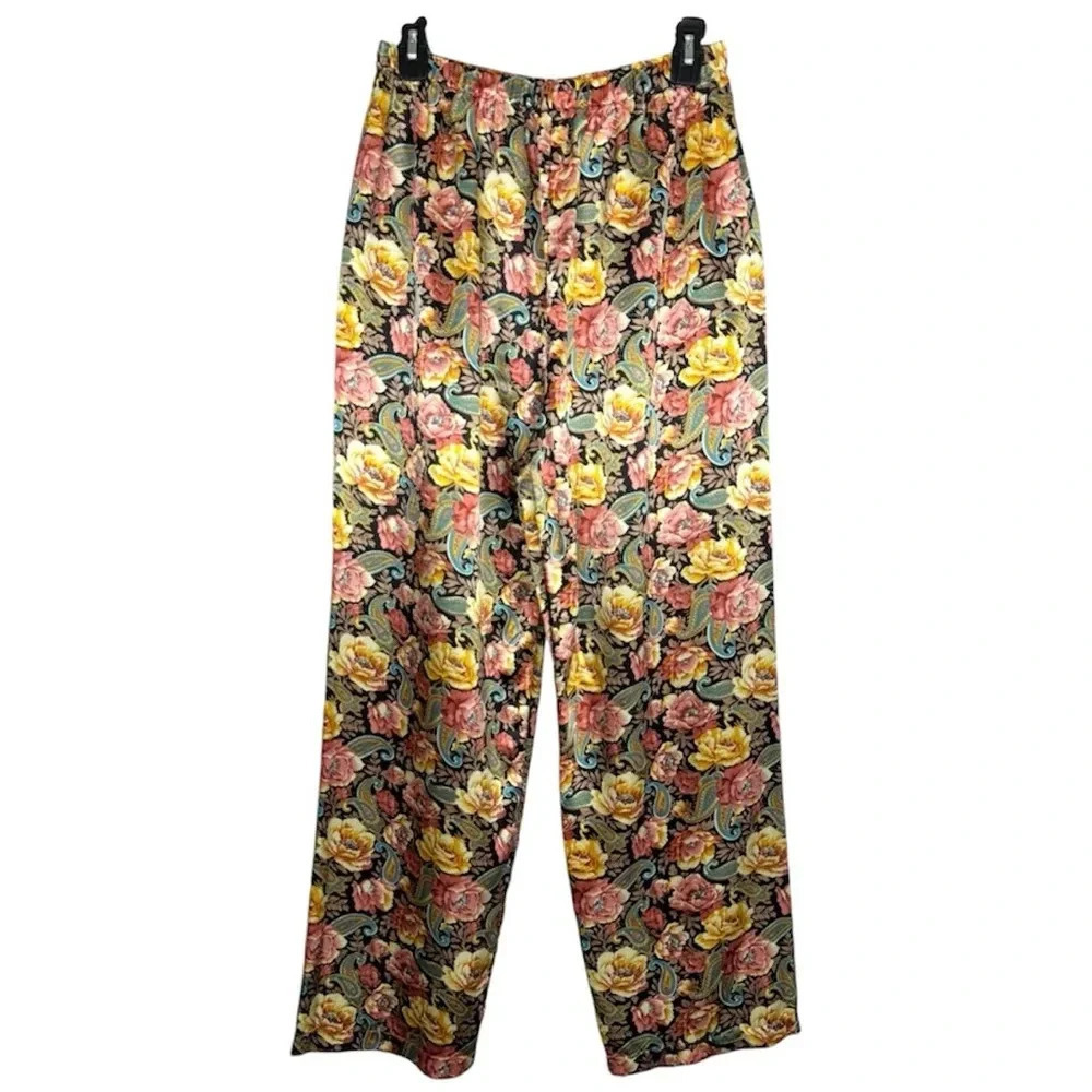 Vintage Victoria Secret Gold Label Satin Pajama Pants Large Floral Paisley Black